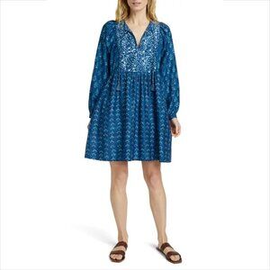 Faherty Soltice boho mini dress Sunburst blue ikat cotton silk shift new XS